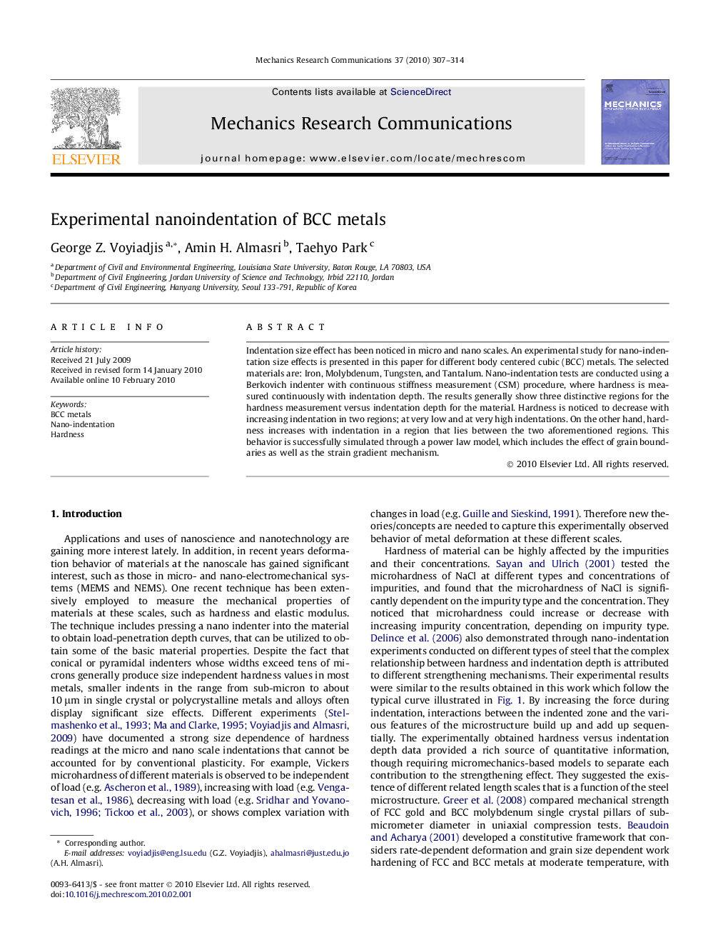 عکس صفحه اول مقاله: Experimental nanoindentation of BCC metals Experimental nanoindentation of BCC metals