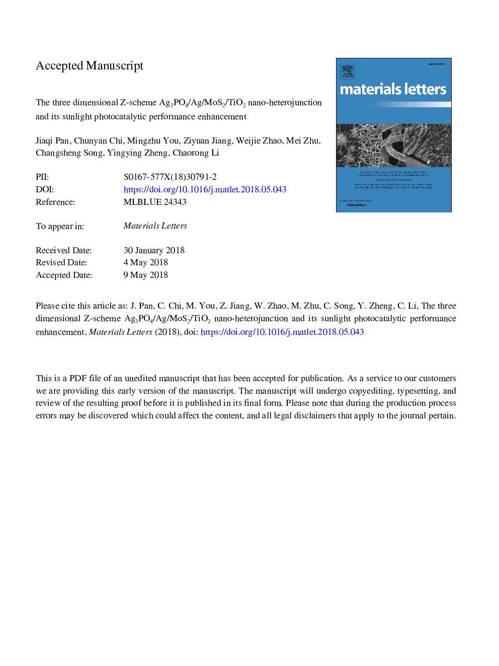 The three dimensional Z-scheme Ag3PO4/Ag/MoS2/TiO2 nano-heterojunction and its sunlight photocatalytic performance enhancement