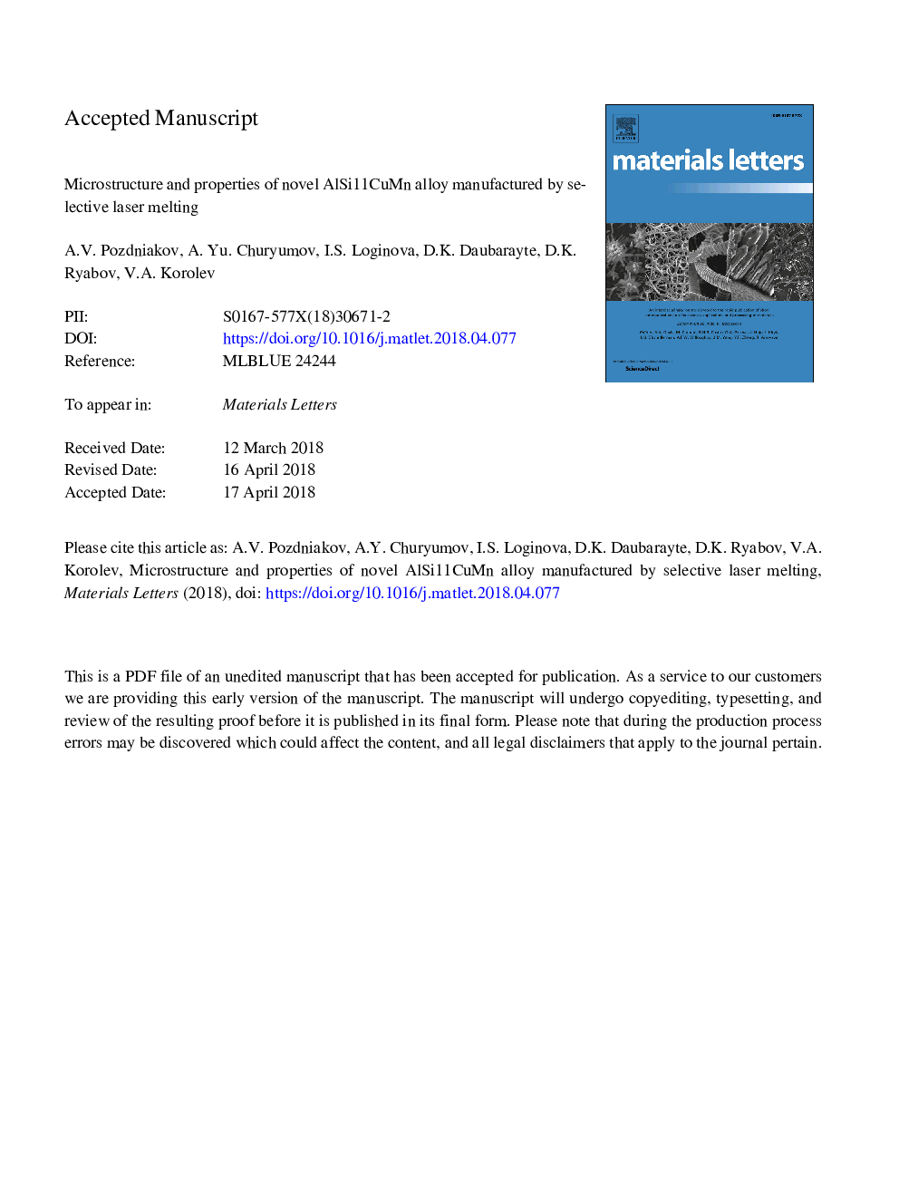 Microstructure and properties of novel AlSi11CuMn alloy manufactured by selective laser melting