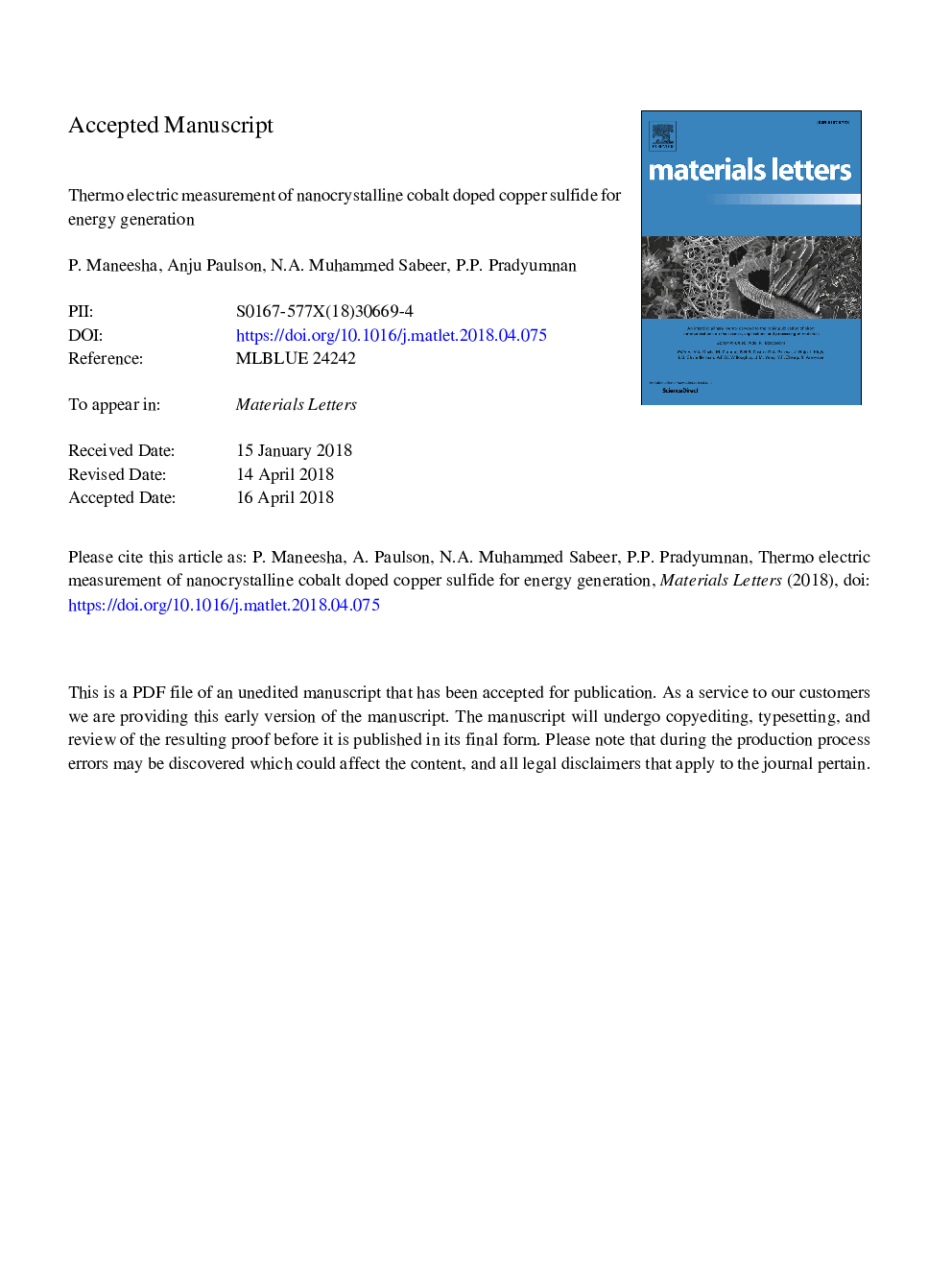 Thermo electric measurement of nanocrystalline cobalt doped copper sulfide for energy generation