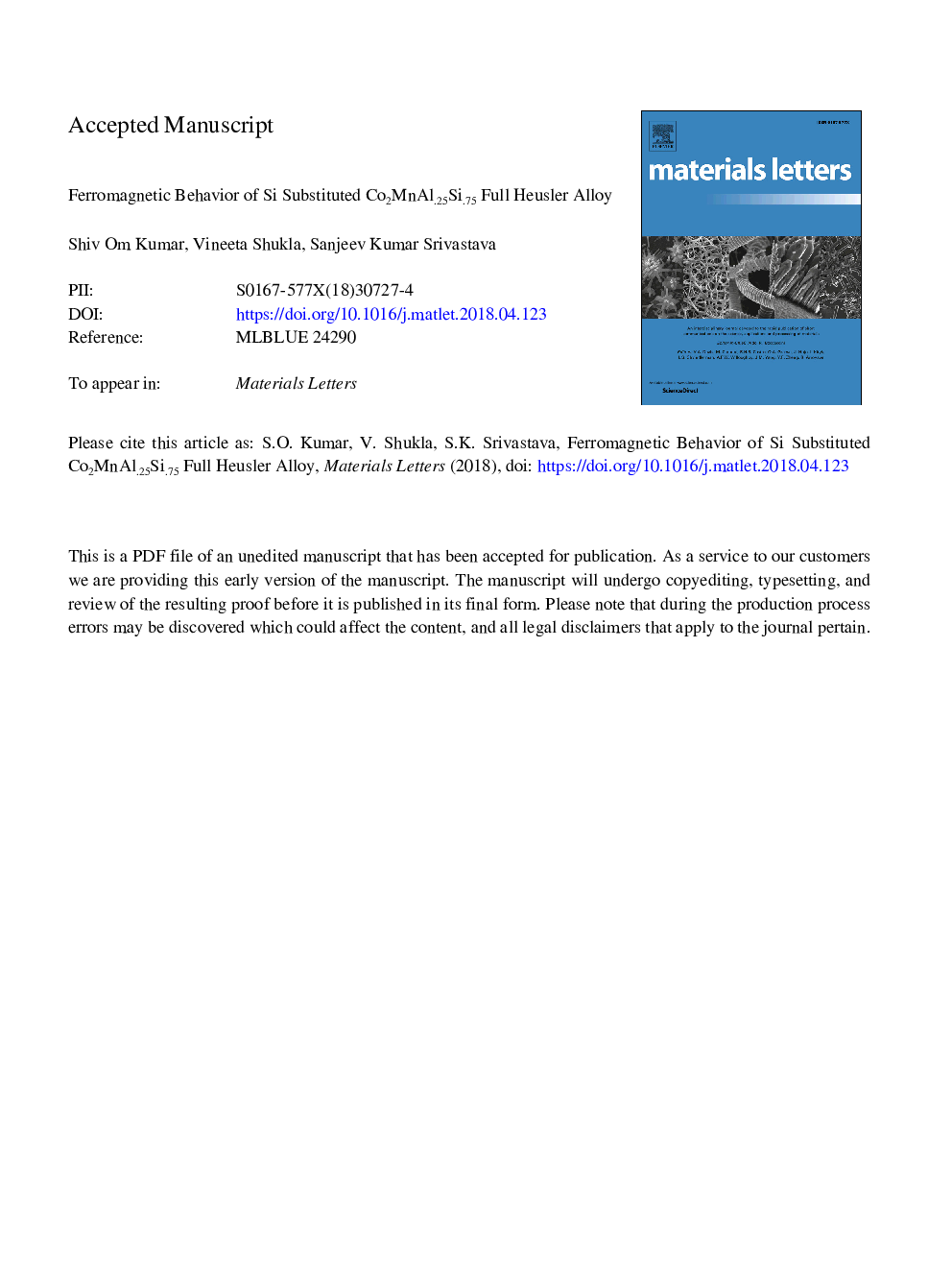 Ferromagnetic behavior of Si substituted Co2MnAl.25Si.75 full Heusler alloy