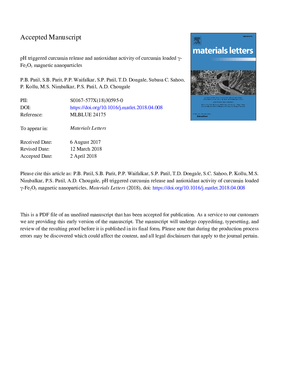 pH triggered curcumin release and antioxidant activity of curcumin loaded Î³-Fe2O3 magnetic nanoparticles