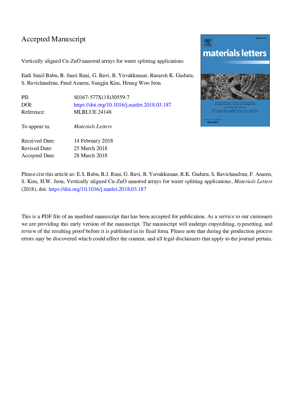 Vertically aligned Cu-ZnO nanorod arrays for water splitting applications