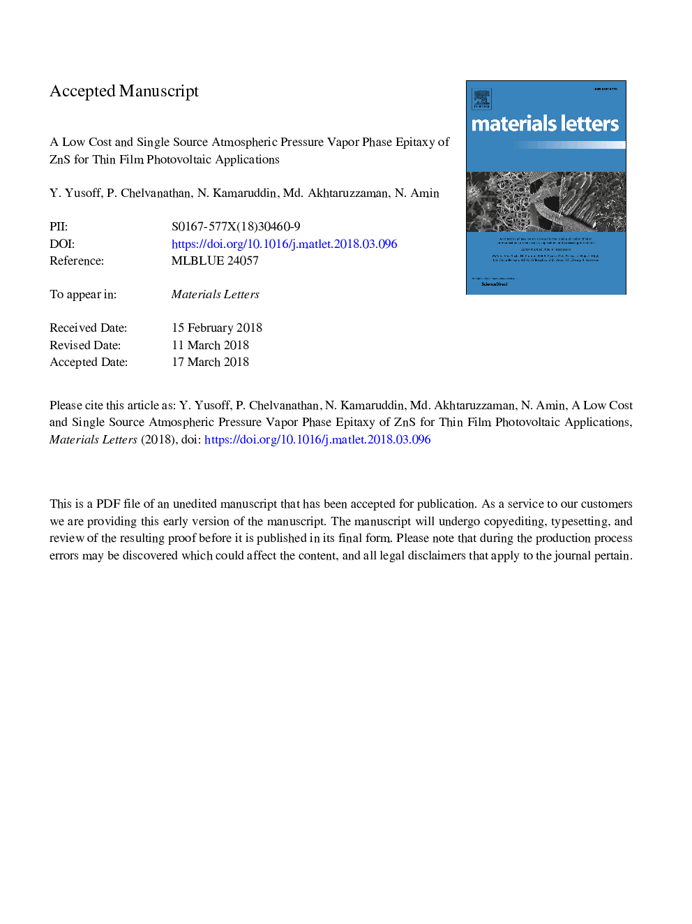 A low cost and single source atmospheric pressure vapor phase epitaxy of ZnS for thin film photovoltaic applications