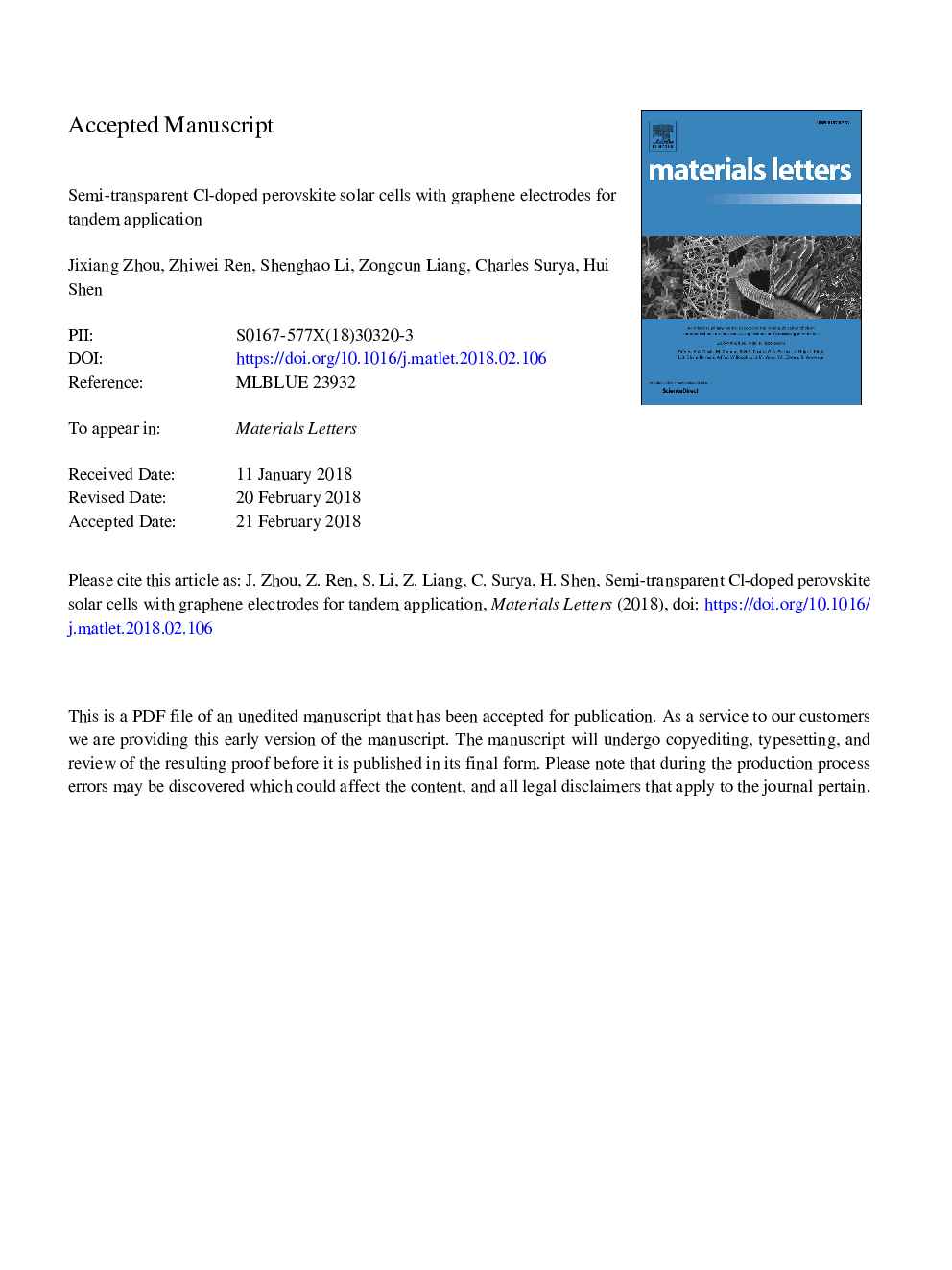 Semi-transparent Cl-doped perovskite solar cells with graphene electrodes for tandem application