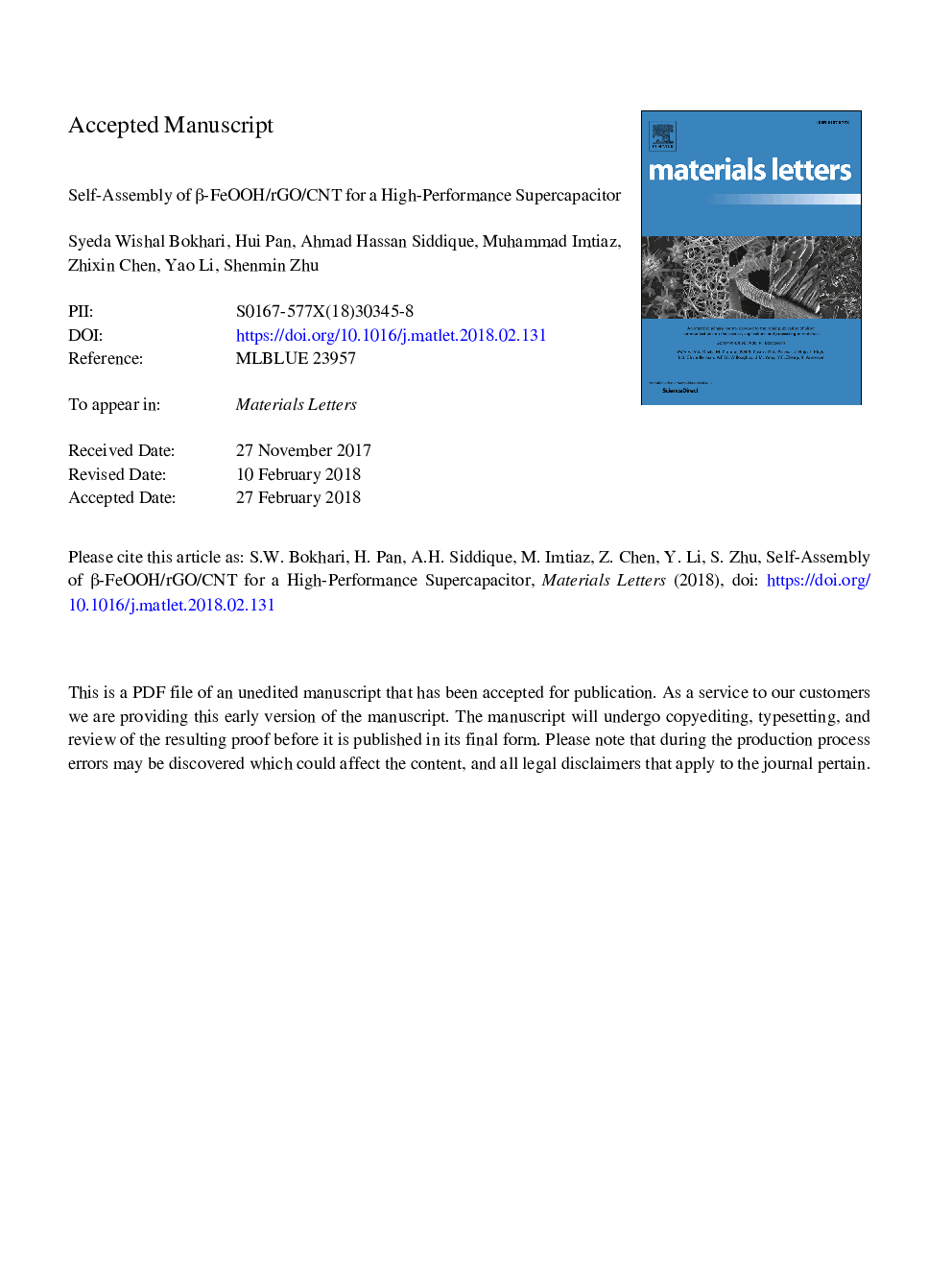 Self-assembly of Î²-FeOOH/rGO/CNT for a high-performance supercapacitor