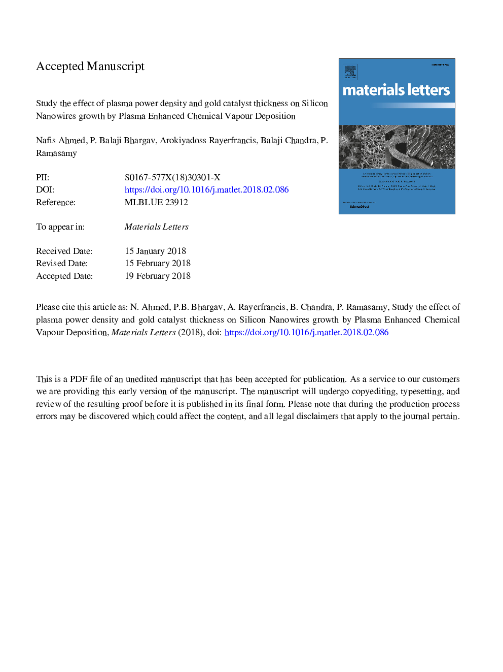 Study the effect of plasma power density and gold catalyst thickness on Silicon Nanowires growth by Plasma Enhanced Chemical Vapour Deposition