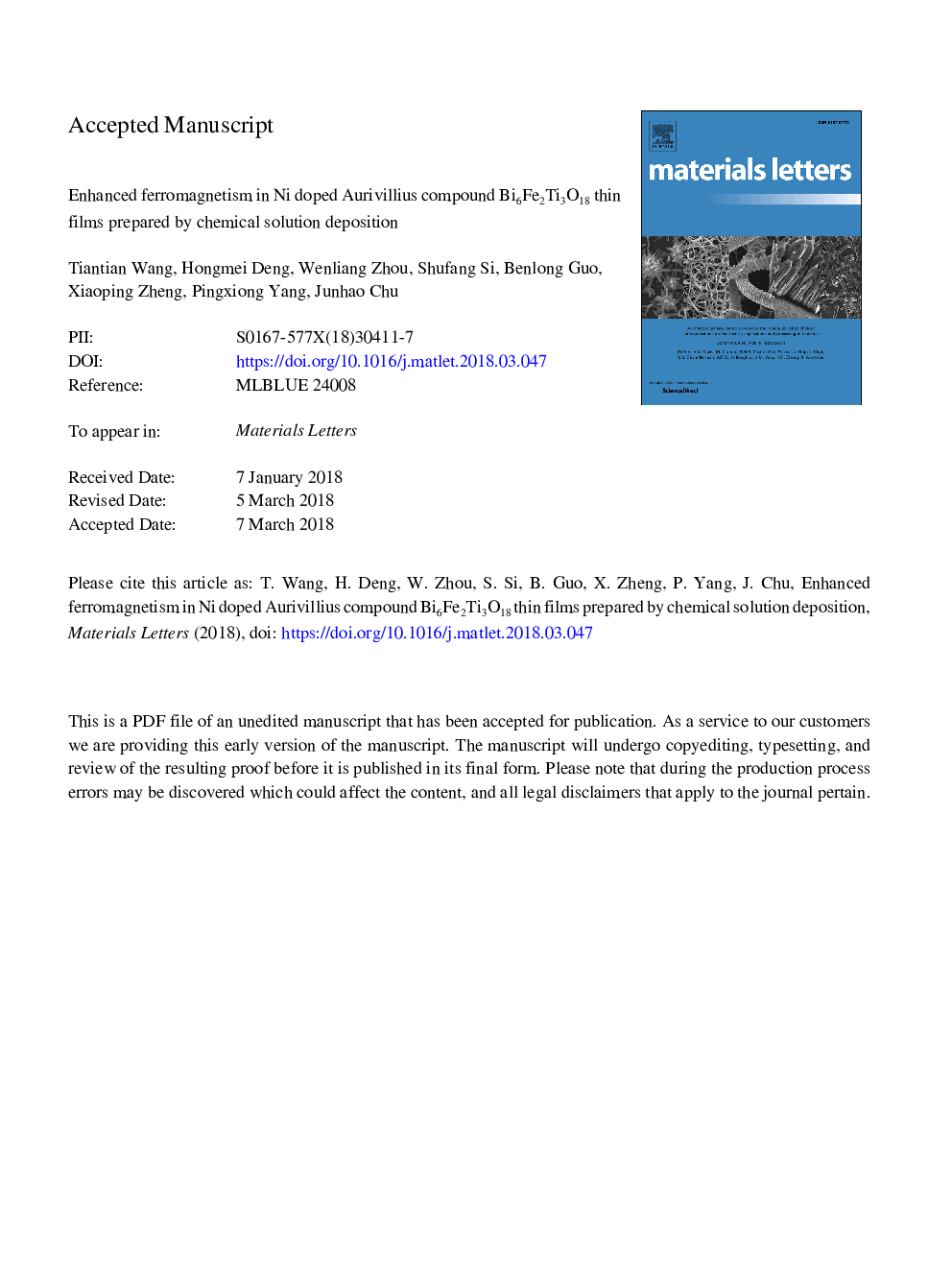 Enhanced ferromagnetism in Ni doped Aurivillius compound Bi6Fe2Ti3O18 thin films prepared by chemical solution deposition