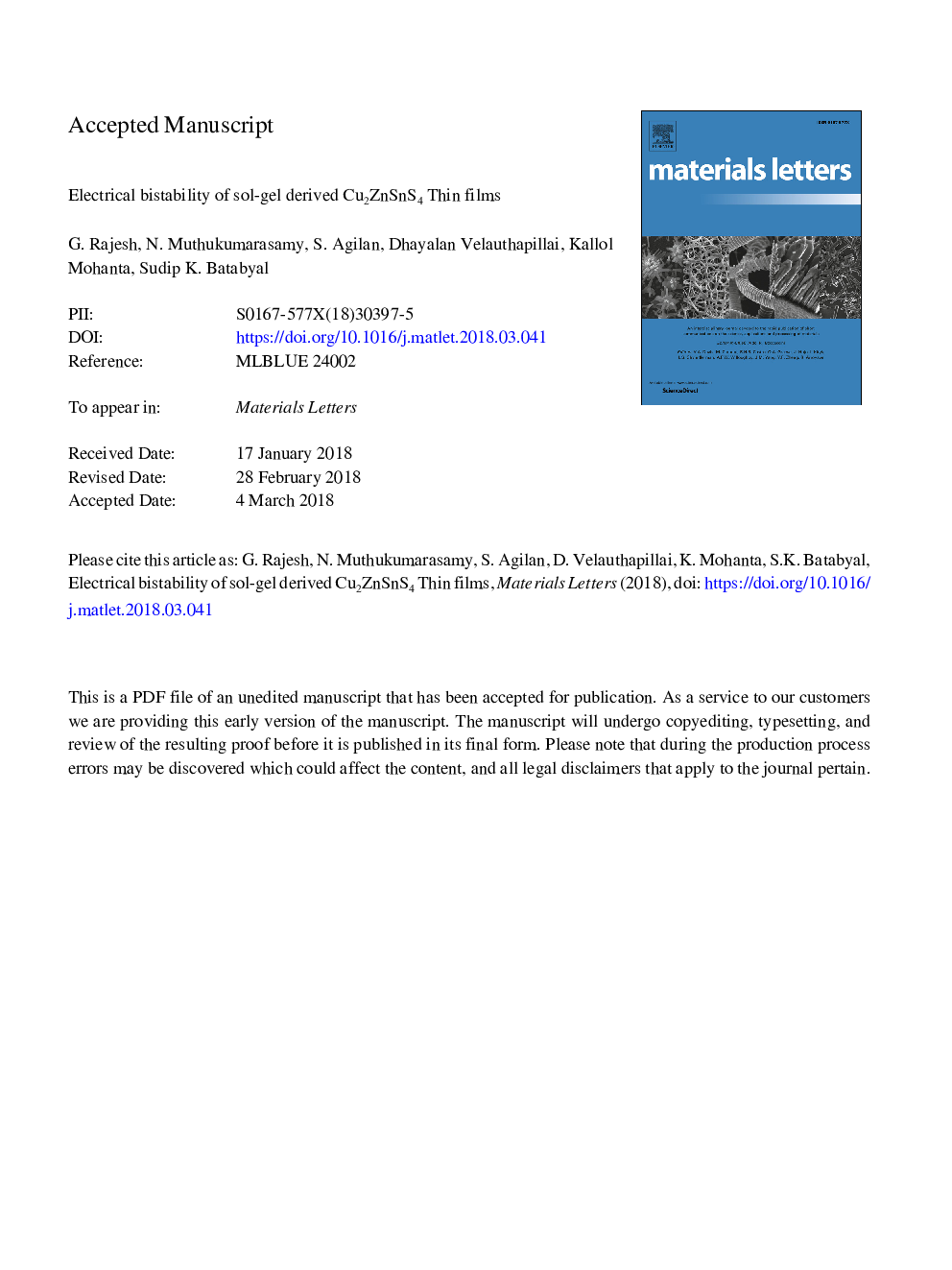 Electrical bistability of sol-gel derived Cu2ZnSnS4 thin films