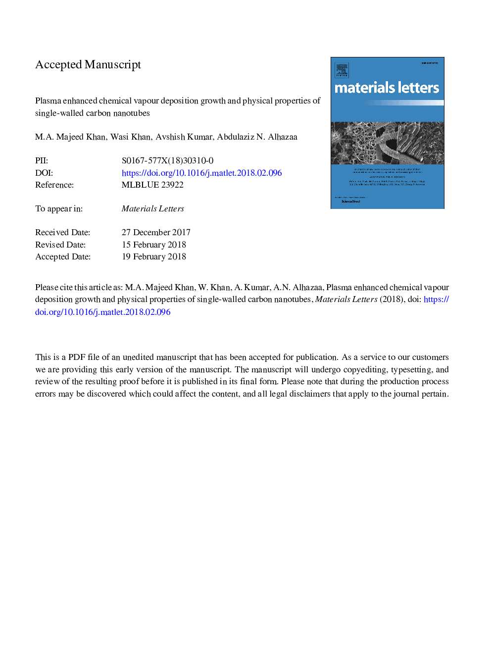 Plasma enhanced chemical vapour deposition growth and physical properties of single-walled carbon nanotubes