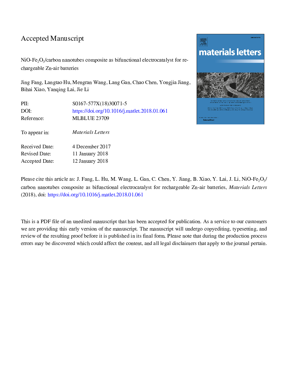 NiO-Fe2O3/carbon nanotubes composite as bifunctional electrocatalyst for rechargeable Zn-air batteries