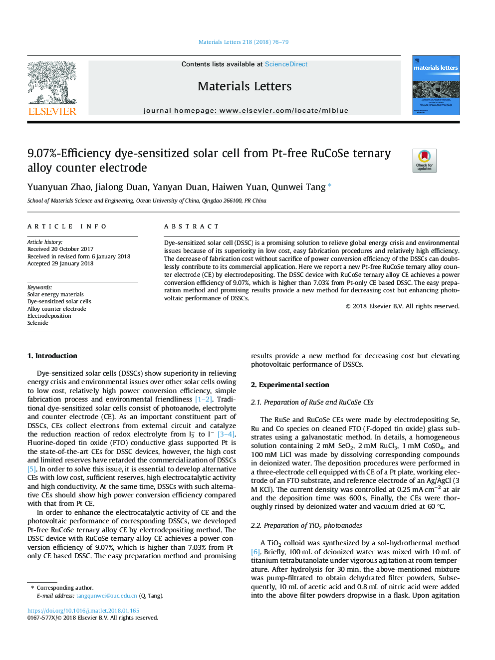 9.07%-Efficiency dye-sensitized solar cell from Pt-free RuCoSe ternary alloy counter electrode