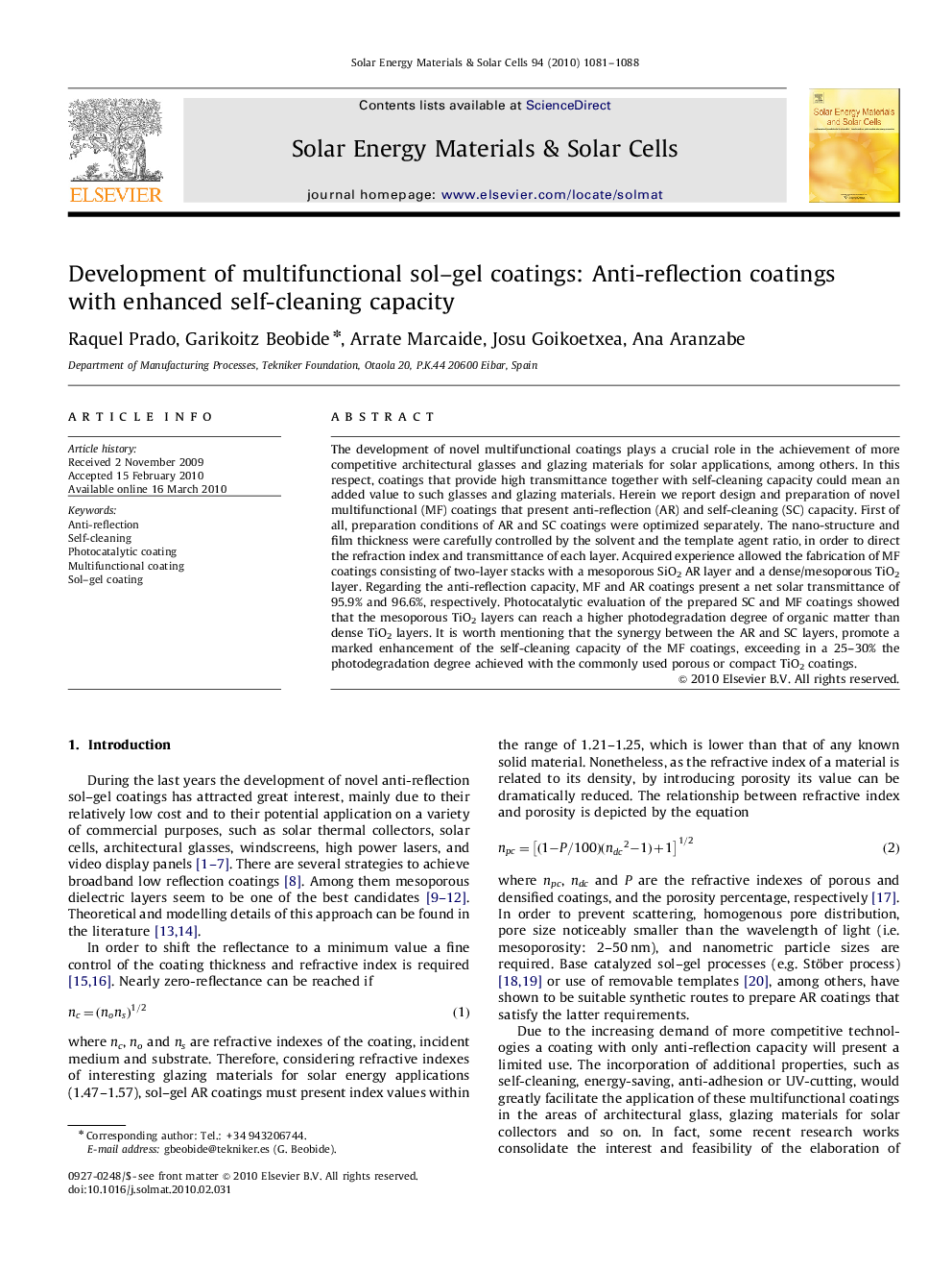 Development of multifunctional sol–gel coatings: Anti-reflection coatings with enhanced self-cleaning capacity