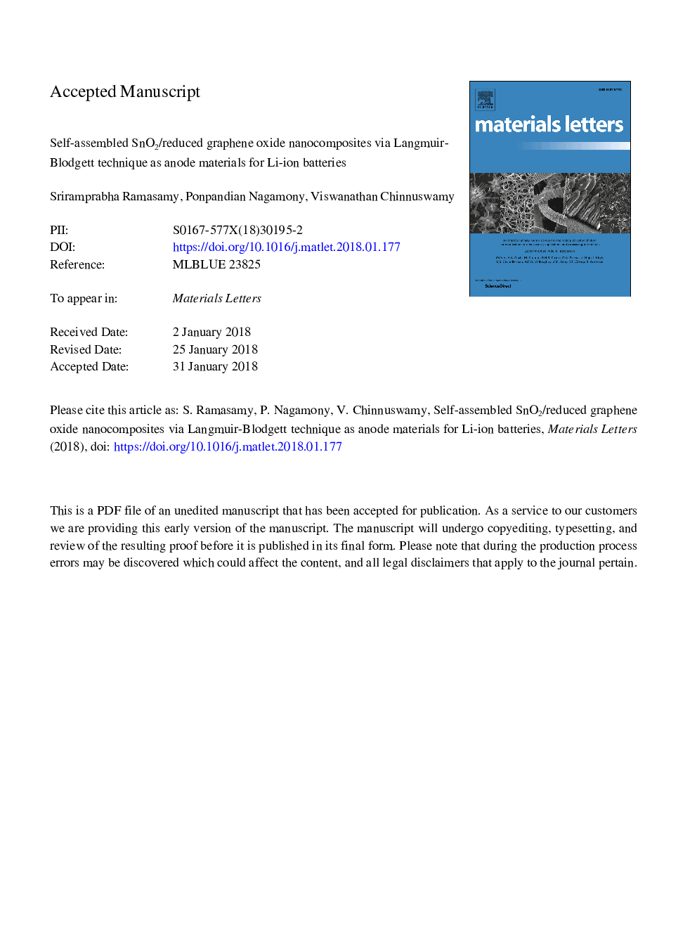 عکس صفحه اول مقاله: Self-assembled SnO2/reduced graphene oxide nanocomposites via Langmuir-Blodgett technique as anode materials for Li-ion batteries Self-assembled SnO2/reduced graphene oxide nanocomposites via Langmuir-Blodgett technique as anode materials for Li-ion batteries