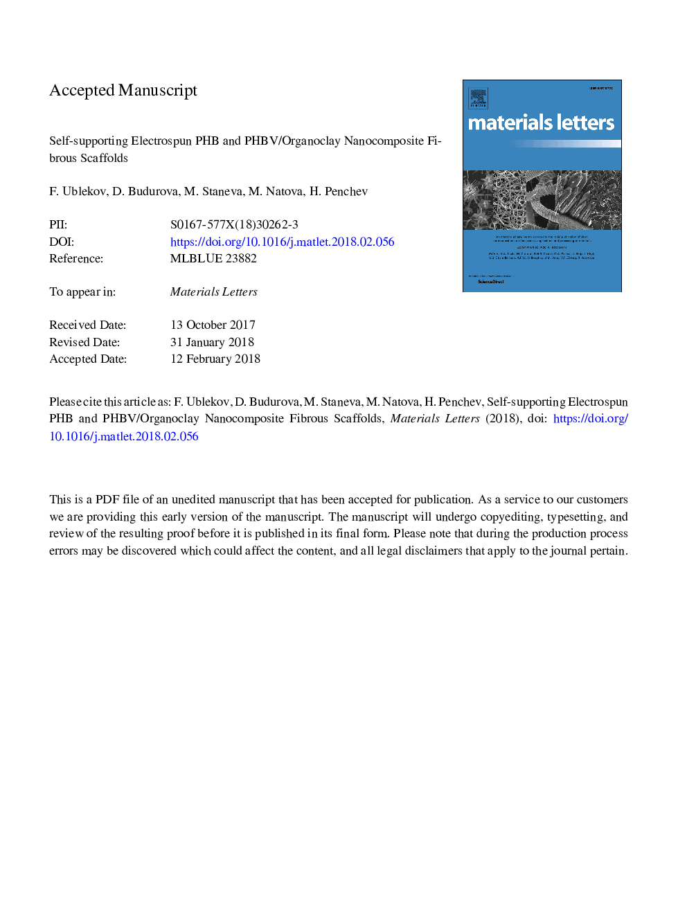 Self-supporting electrospun PHB and PHBV/organoclay nanocomposite fibrous scaffolds