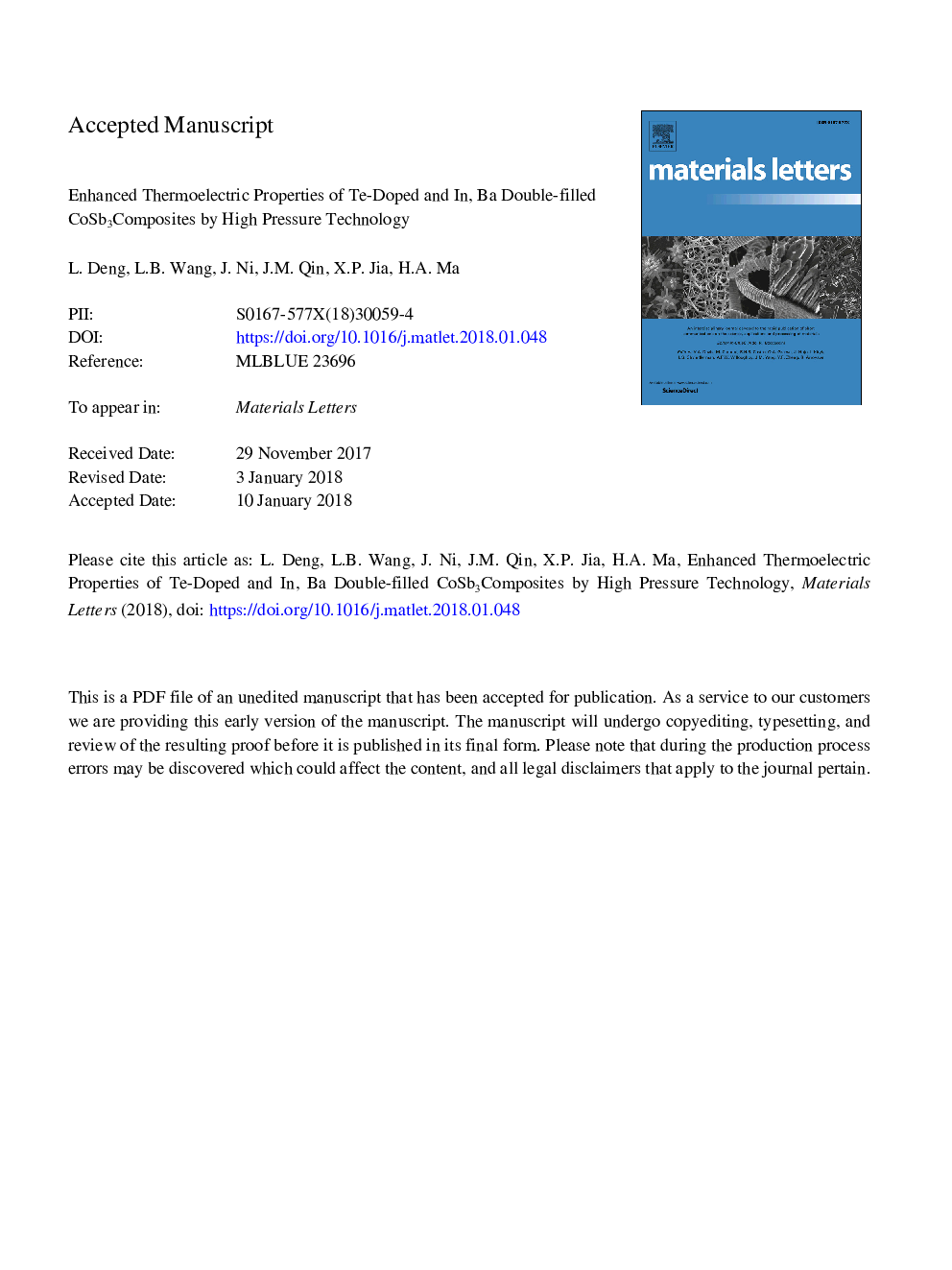 Enhanced thermoelectric properties of Te-doped and In, Ba double-filled CoSb3 composites by high pressure technology