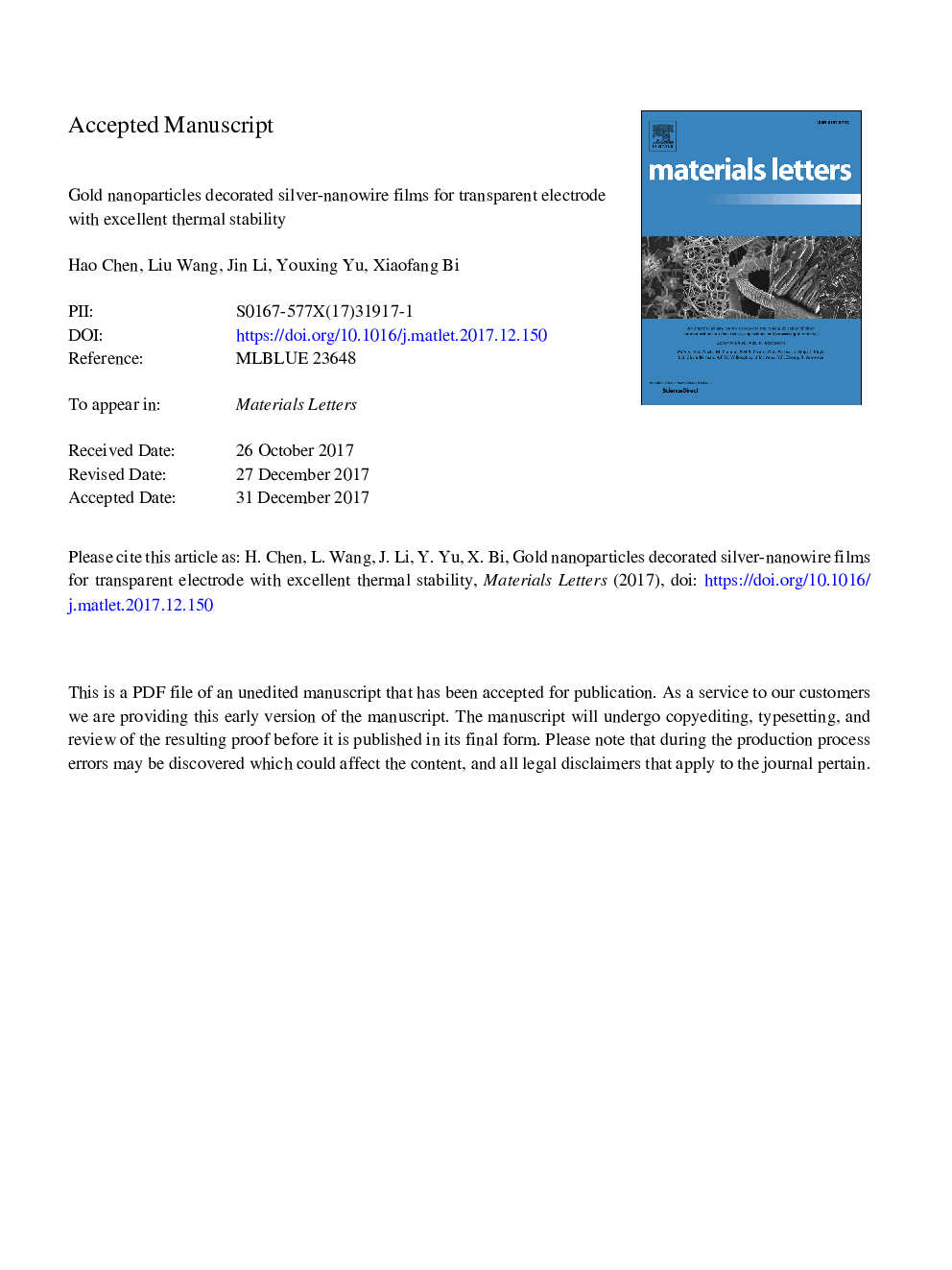 Gold nanoparticles decorated silver-nanowire films for transparent electrode with excellent thermal stability