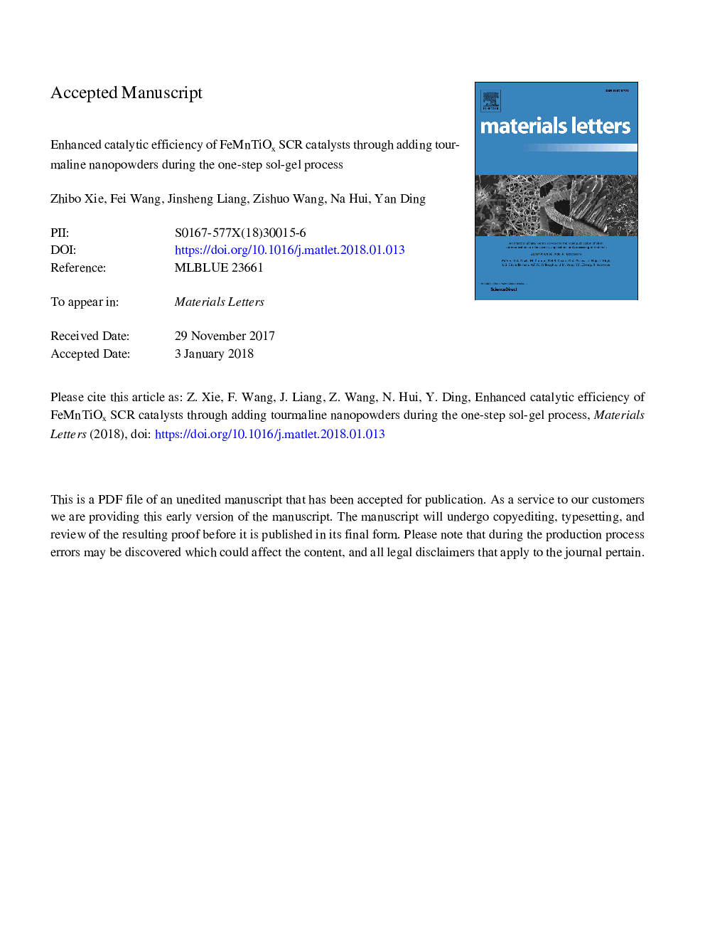 Enhanced catalytic efficiency of FeMnTiOx SCR catalysts through adding tourmaline nanopowders during the one-step sol-gel process