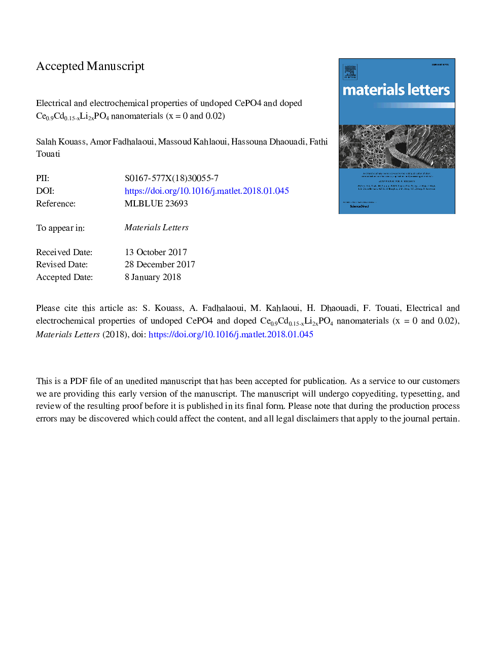 Electrical and electrochemical properties of undoped CePO4 and doped Ce0.9Cd0.15âxLi2xPO4 nanomaterials (xâ¯=â¯0 and 0.02)