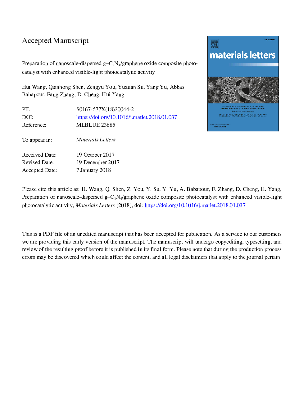 Preparation of nanoscale-dispersed g-C3N4/graphene oxide composite photocatalyst with enhanced visible-light photocatalytic activity