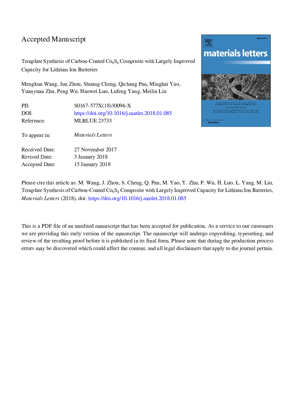 Template synthesis of carbon-coated Co9S8 composite with largely improved capacity for lithium ion batteries