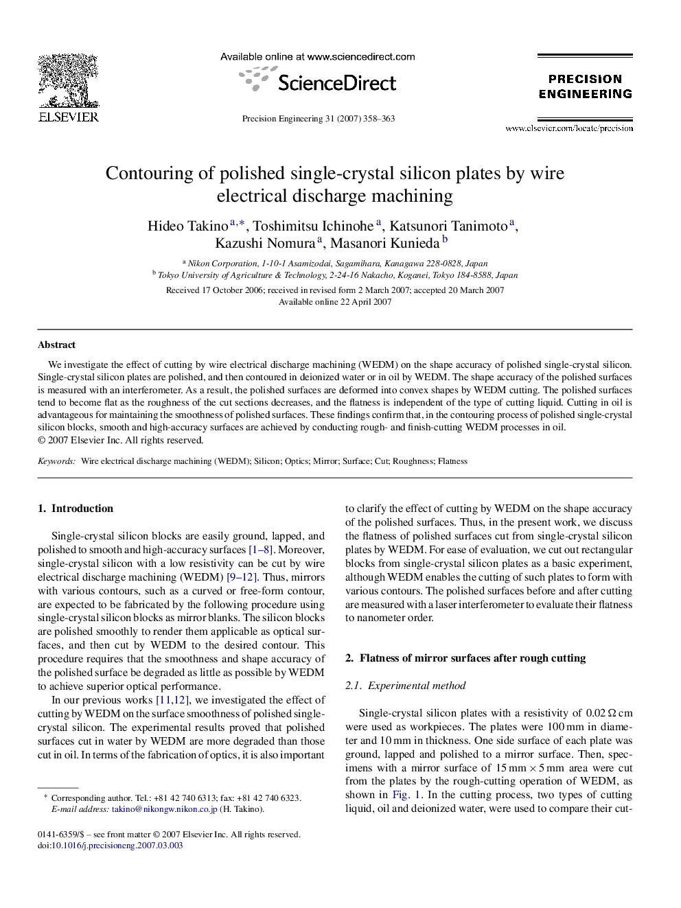 Contouring of polished single-crystal silicon plates by wire electrical discharge machining