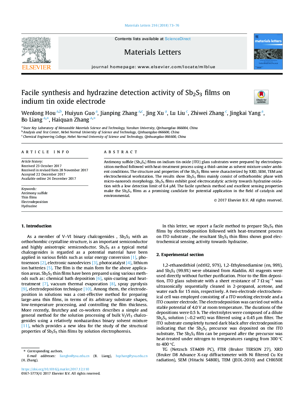 Facile synthesis and hydrazine detection activity of Sb2S3 films on indium tin oxide electrode