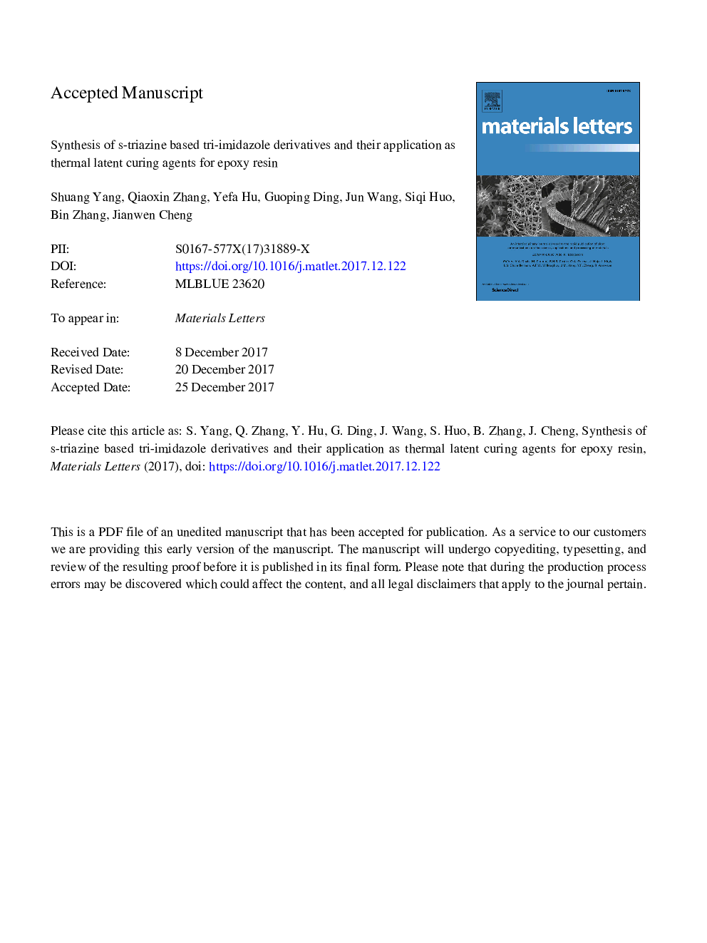 Synthesis of s-triazine based tri-imidazole derivatives and their application as thermal latent curing agents for epoxy resin