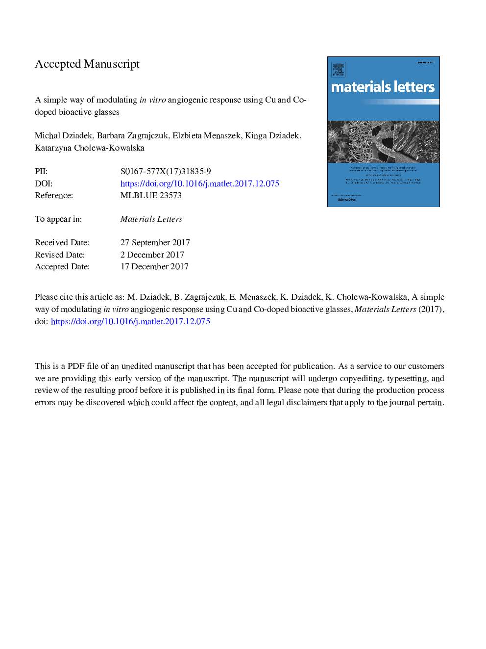 A simple way of modulating in vitro angiogenic response using Cu and Co-doped bioactive glasses