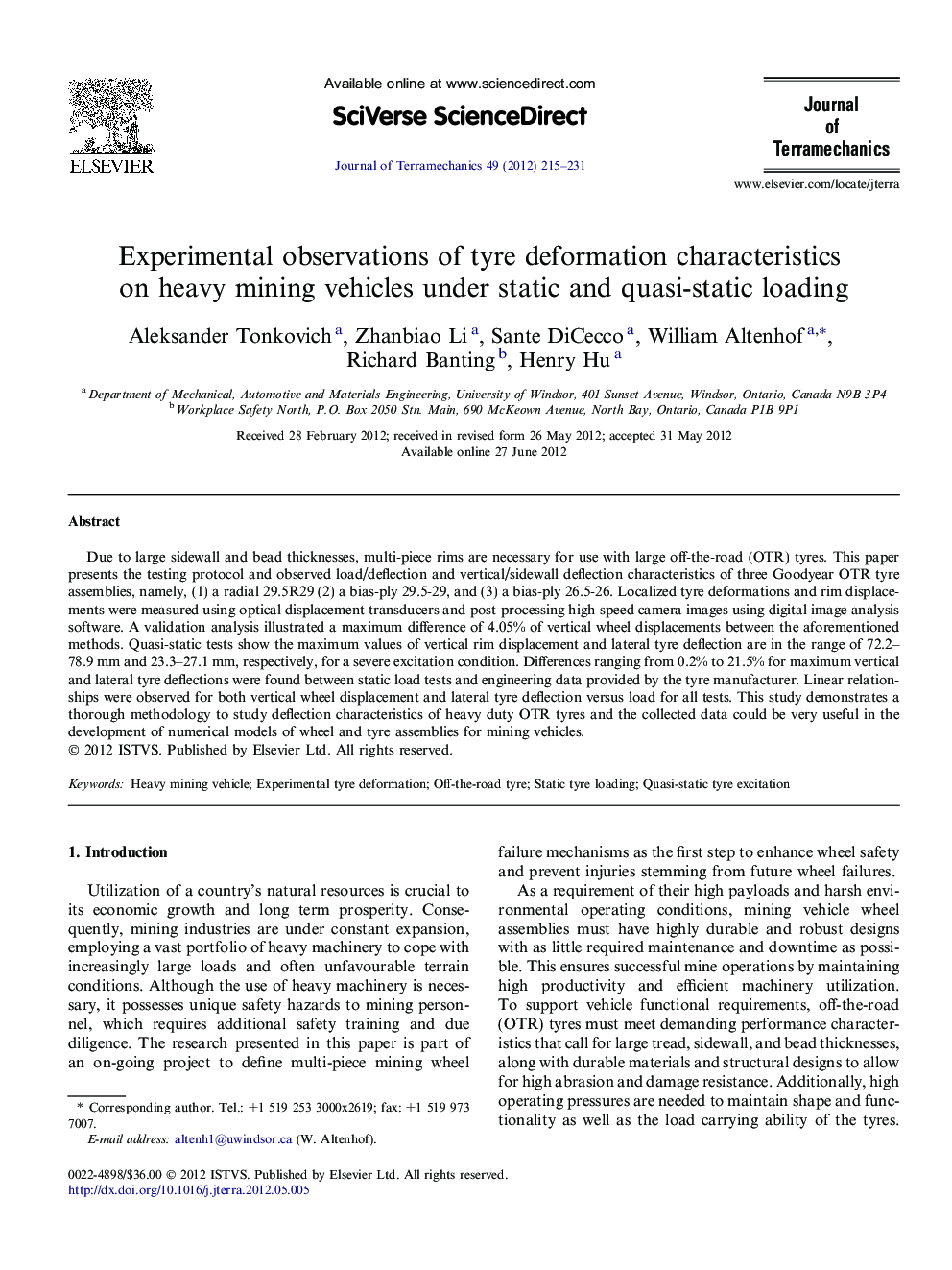 Experimental observations of tyre deformation characteristics on heavy mining vehicles under static and quasi-static loading