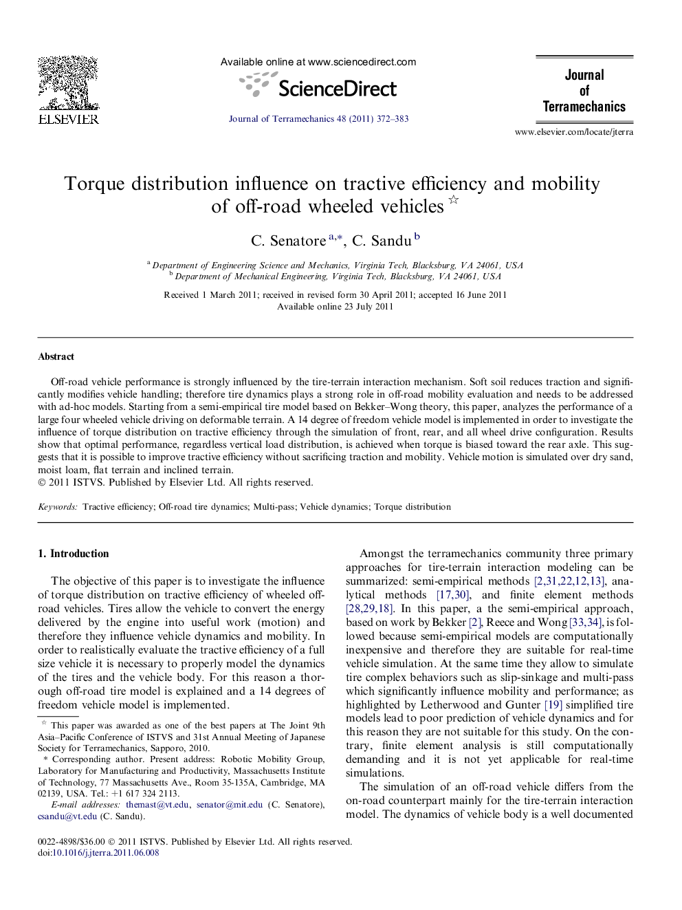 Torque distribution influence on tractive efficiency and mobility of off-road wheeled vehicles 