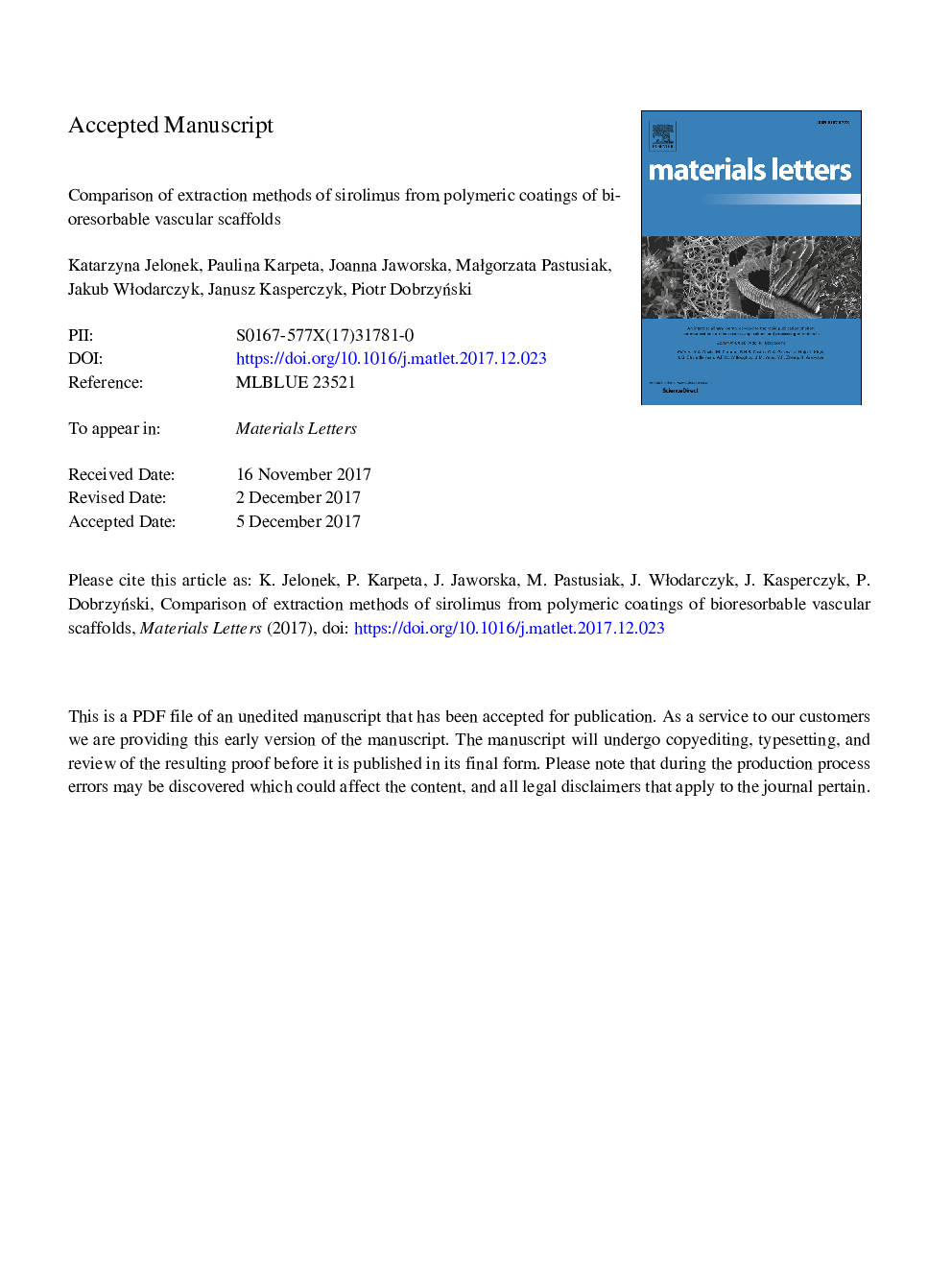 Comparison of extraction methods of sirolimus from polymeric coatings of bioresorbable vascular scaffolds