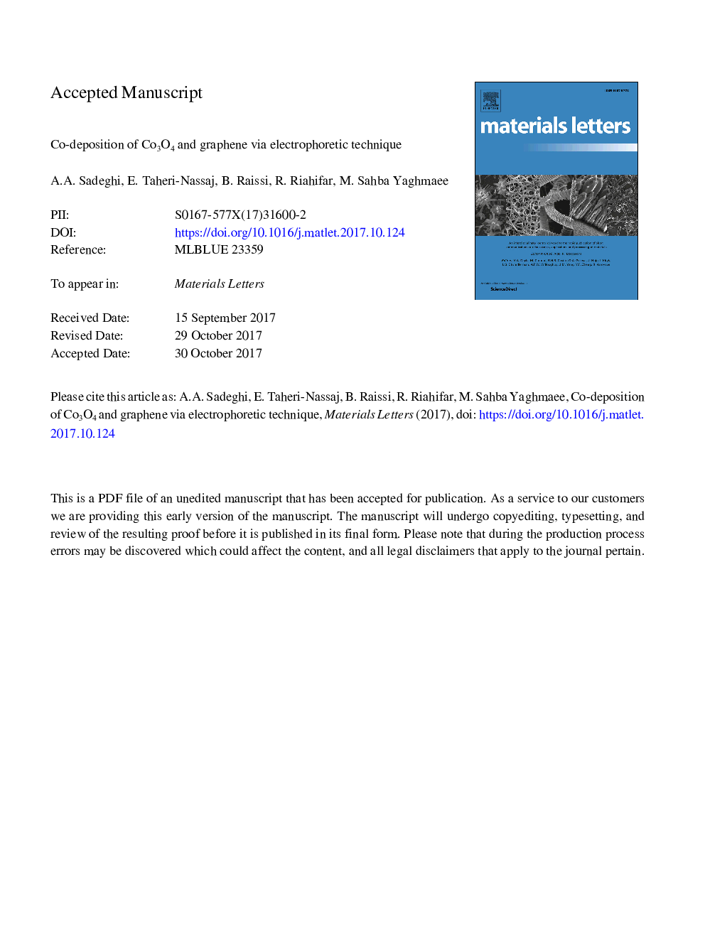 Co-deposition of Co3O4 and graphene via electrophoretic technique