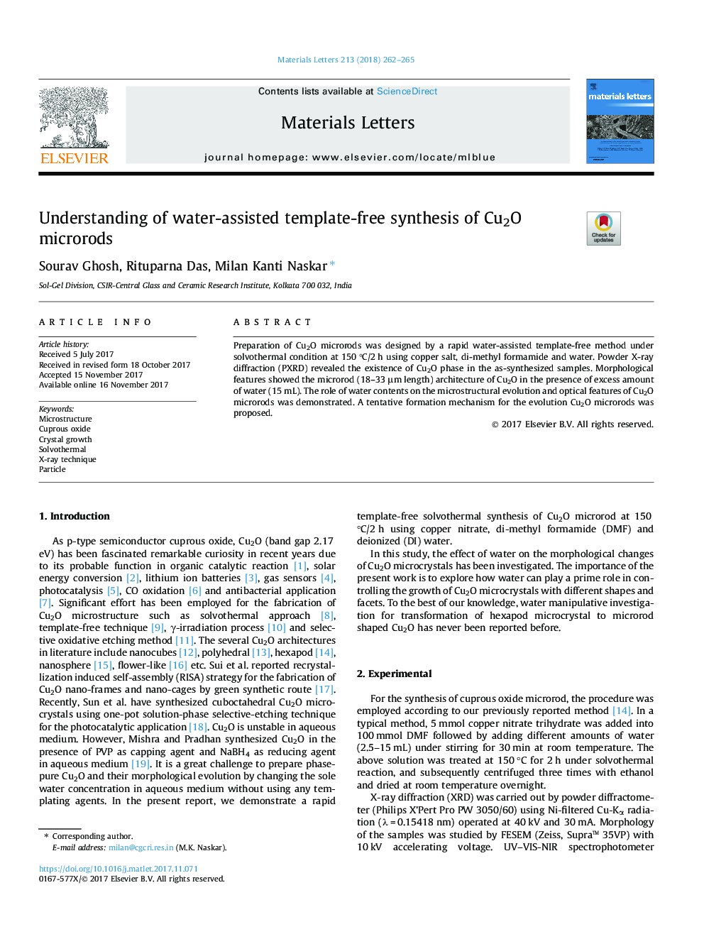 عکس صفحه اول مقاله: Understanding of water-assisted template-free synthesis of Cu2O microrods Understanding of water-assisted template-free synthesis of Cu2O microrods