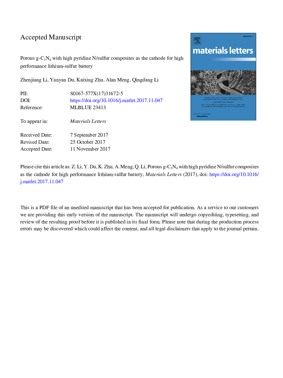 Porous g-C3N4 with high pyridine N/sulfur composites as the cathode for high performance lithium-sulfur battery