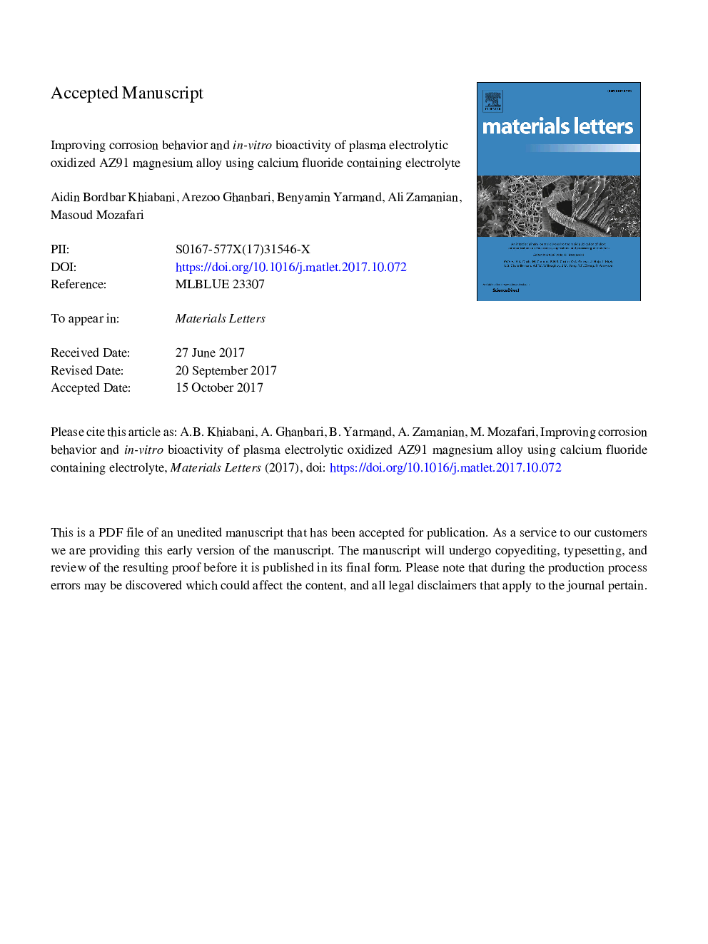 Improving corrosion behavior and in vitro bioactivity of plasma electrolytic oxidized AZ91 magnesium alloy using calcium fluoride containing electrolyte