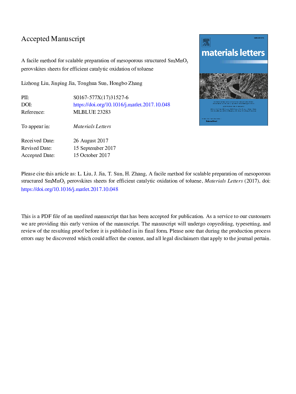 A facile method for scalable preparation of mesoporous structured SmMnO3 perovskites sheets for efficient catalytic oxidation of toluene