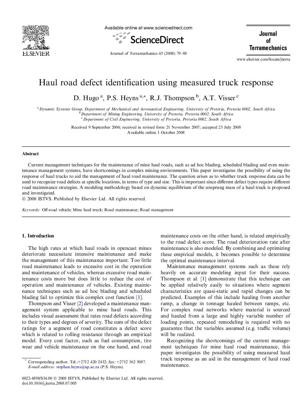 Haul road defect identification using measured truck response