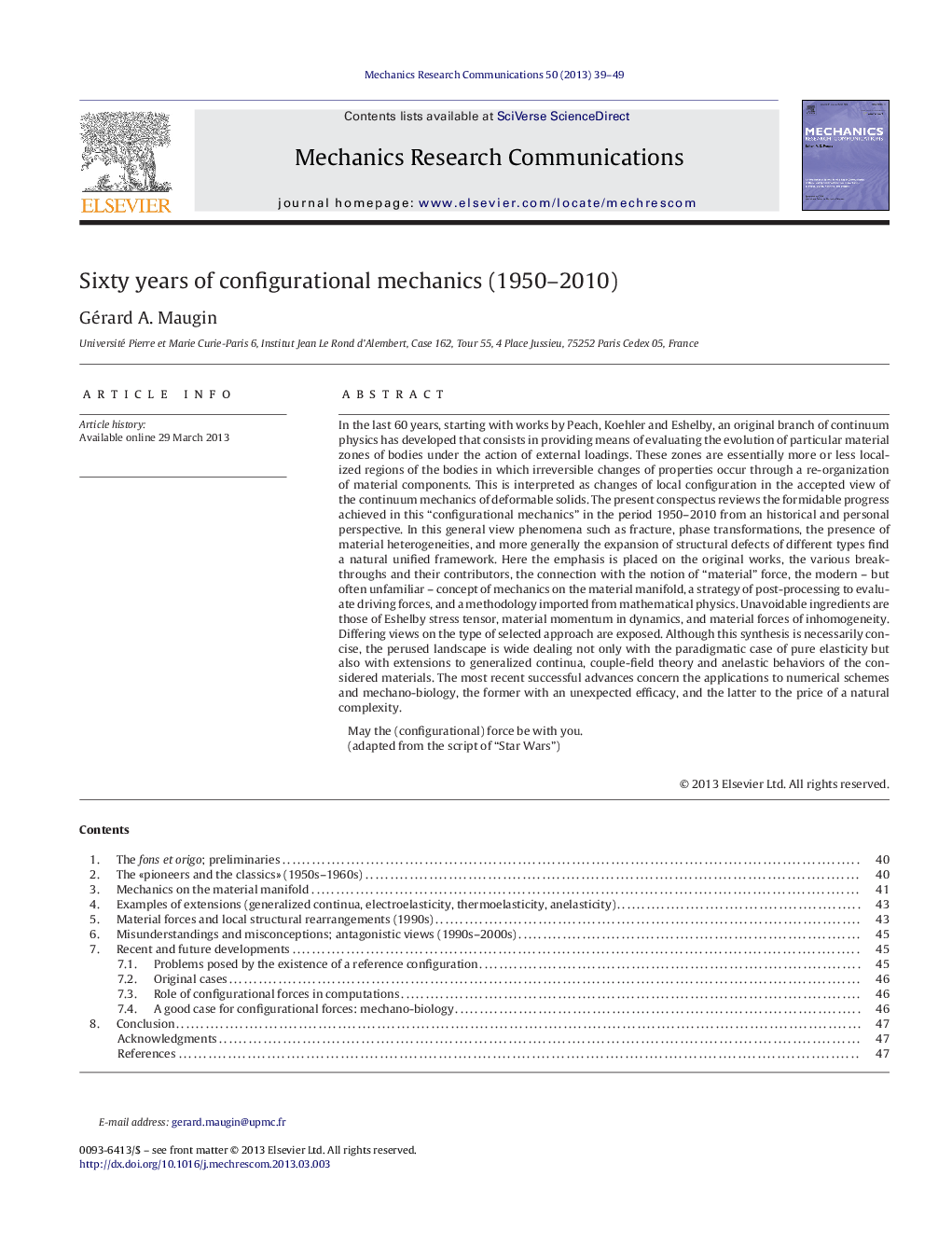 Sixty years of configurational mechanics (1950–2010)