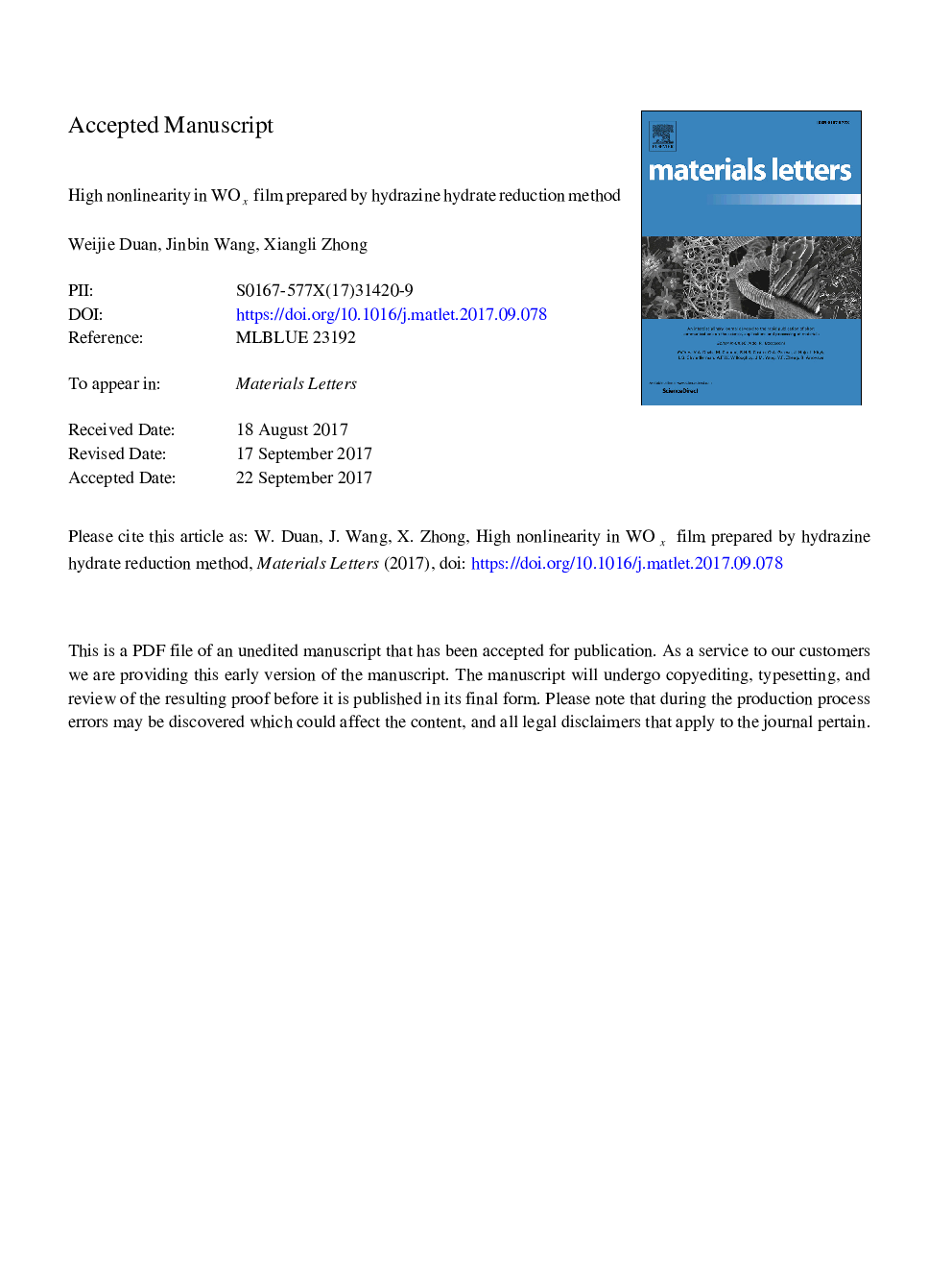 High nonlinearity in WOx film prepared by hydrazine hydrate reduction method