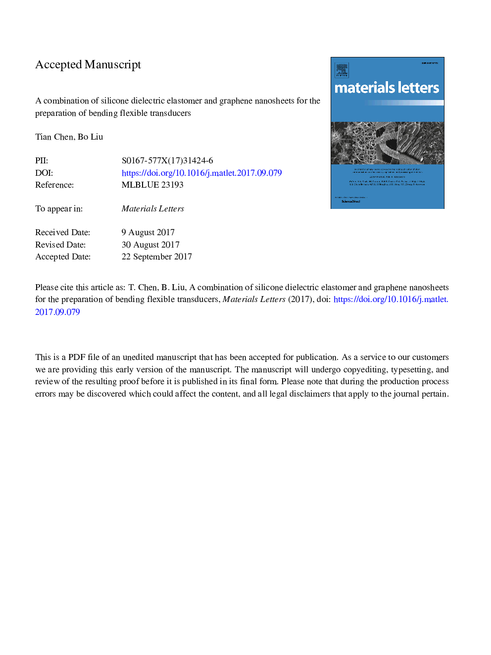 A combination of silicone dielectric elastomer and graphene nanosheets for the preparation of bending flexible transducers