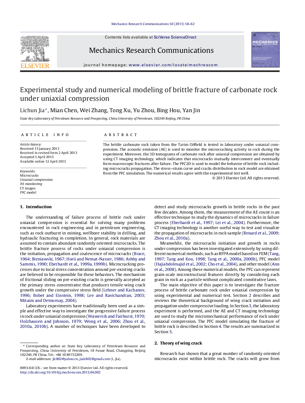 Experimental study and numerical modeling of brittle fracture of carbonate rock under uniaxial compression