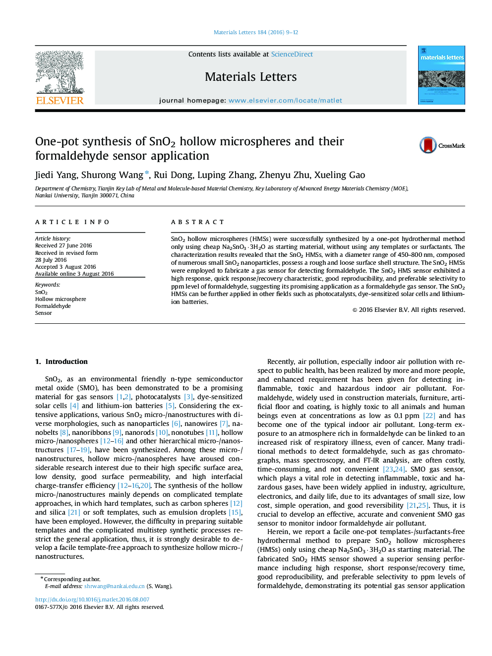 One-pot synthesis of SnO2 hollow microspheres and their formaldehyde sensor application