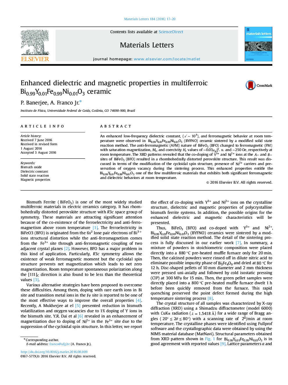 Enhanced dielectric and magnetic properties in multiferroic Bi0.99Y0.01Fe0.99Ni0.01O3 ceramic