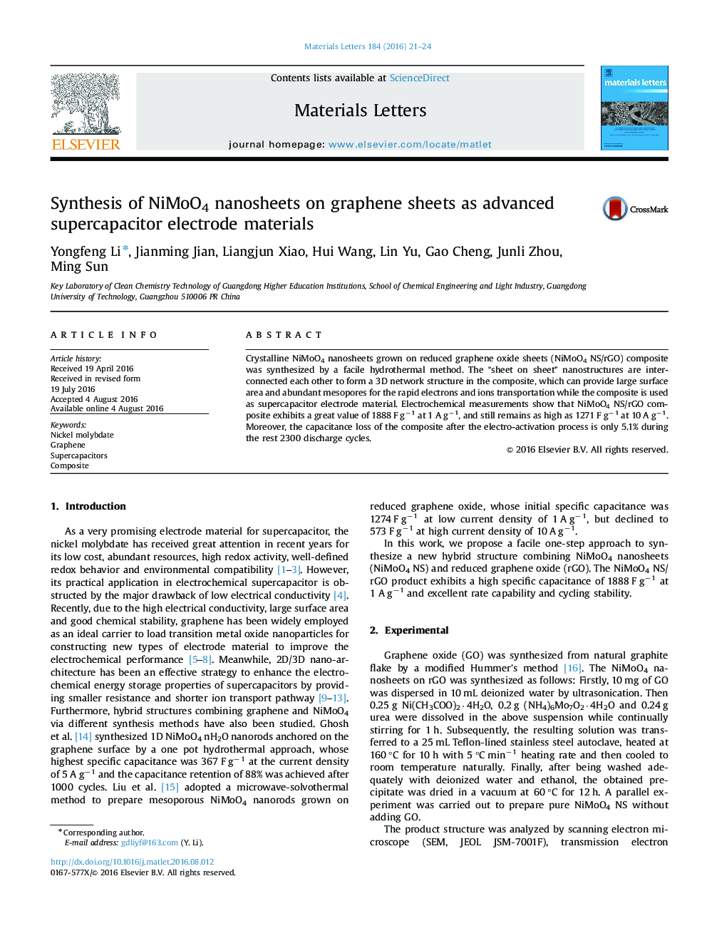 Synthesis of NiMoO4 nanosheets on graphene sheets as advanced supercapacitor electrode materials