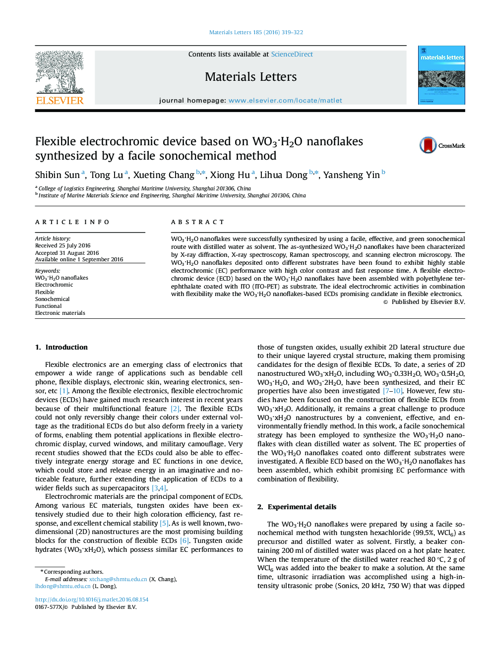 عکس صفحه اول مقاله: Flexible electrochromic device based on WO3·H2O nanoflakes synthesized by a facile sonochemical method Flexible electrochromic device based on WO3·H2O nanoflakes synthesized by a facile sonochemical method