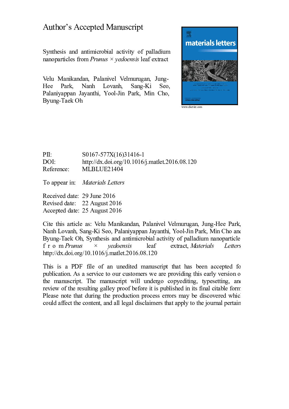 Synthesis and antimicrobial activity of palladium nanoparticles from Prunus Ã yedoensis leaf extract