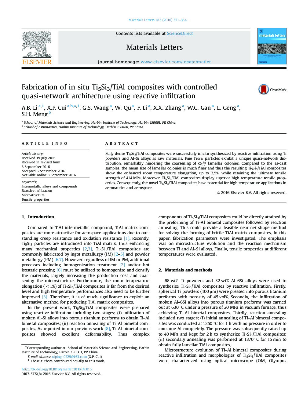 Fabrication of in situ Ti5Si3/TiAl composites with controlled quasi-network architecture using reactive infiltration