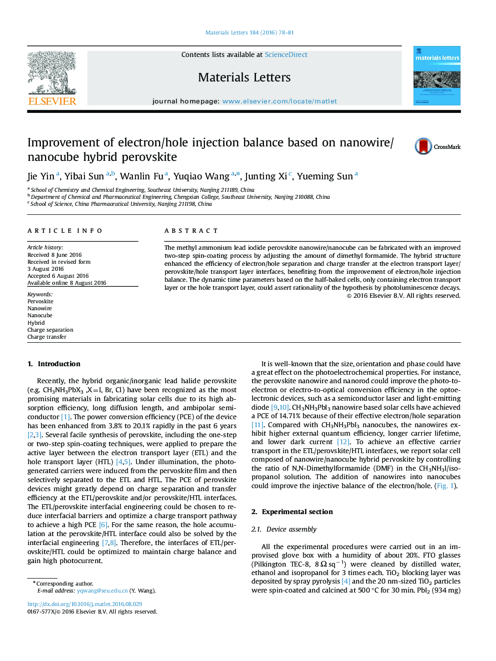 Improvement of electron/hole injection balance based on nanowire/nanocube hybrid perovskite