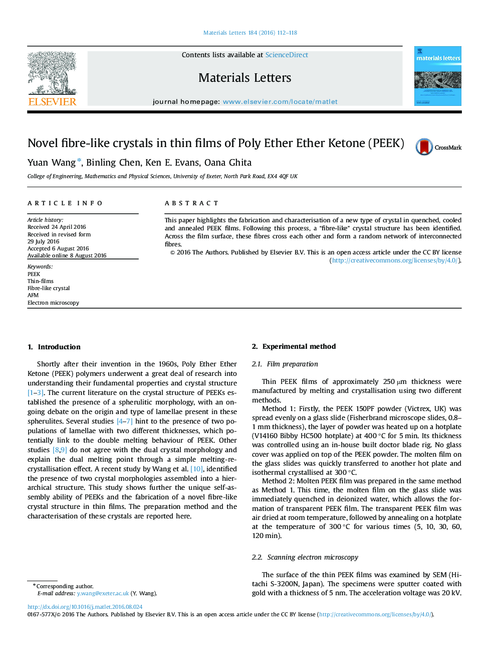 Novel fibre-like crystals in thin films of Poly Ether Ether Ketone (PEEK)